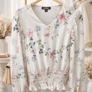 Express Floral V-Neck Blouse - White and Pink